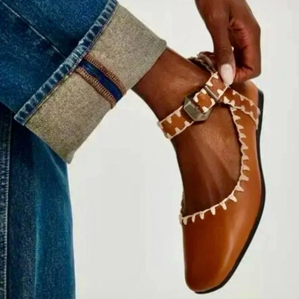 Free People Mystic Mary Jane Buckle Flat Tan Leather Ivory Crochet Trim - Picture 4 of 10